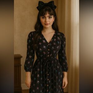 Vtg Equation Womens V Neck Floral 90s Cottagecore Button Front Dress Tie Waist L